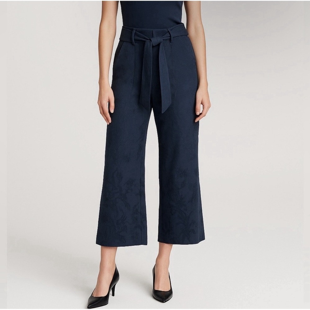 Veronica Beard Jacquard Pants Size 2 Navy Blue Cropped Linen Blend